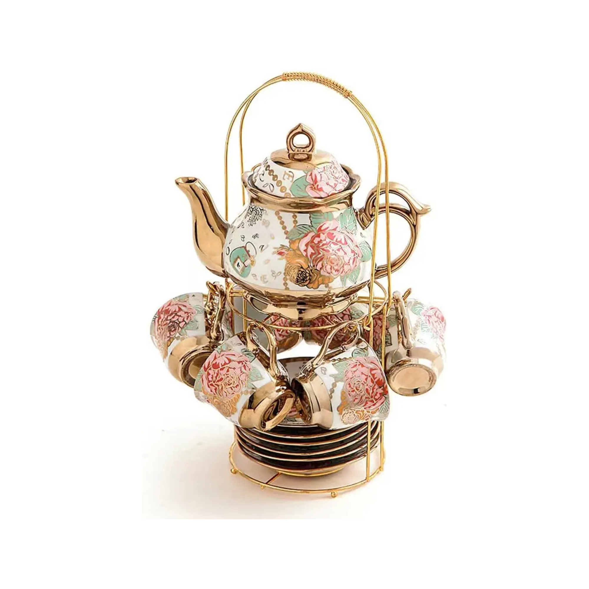 Gold Rose Ceramic Tea Set (6 Cups)