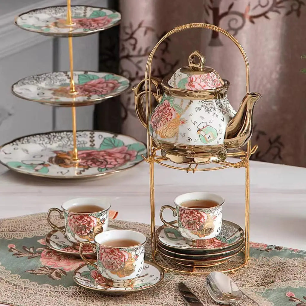 Gold Rose Ceramic Tea Set (6 Cups)