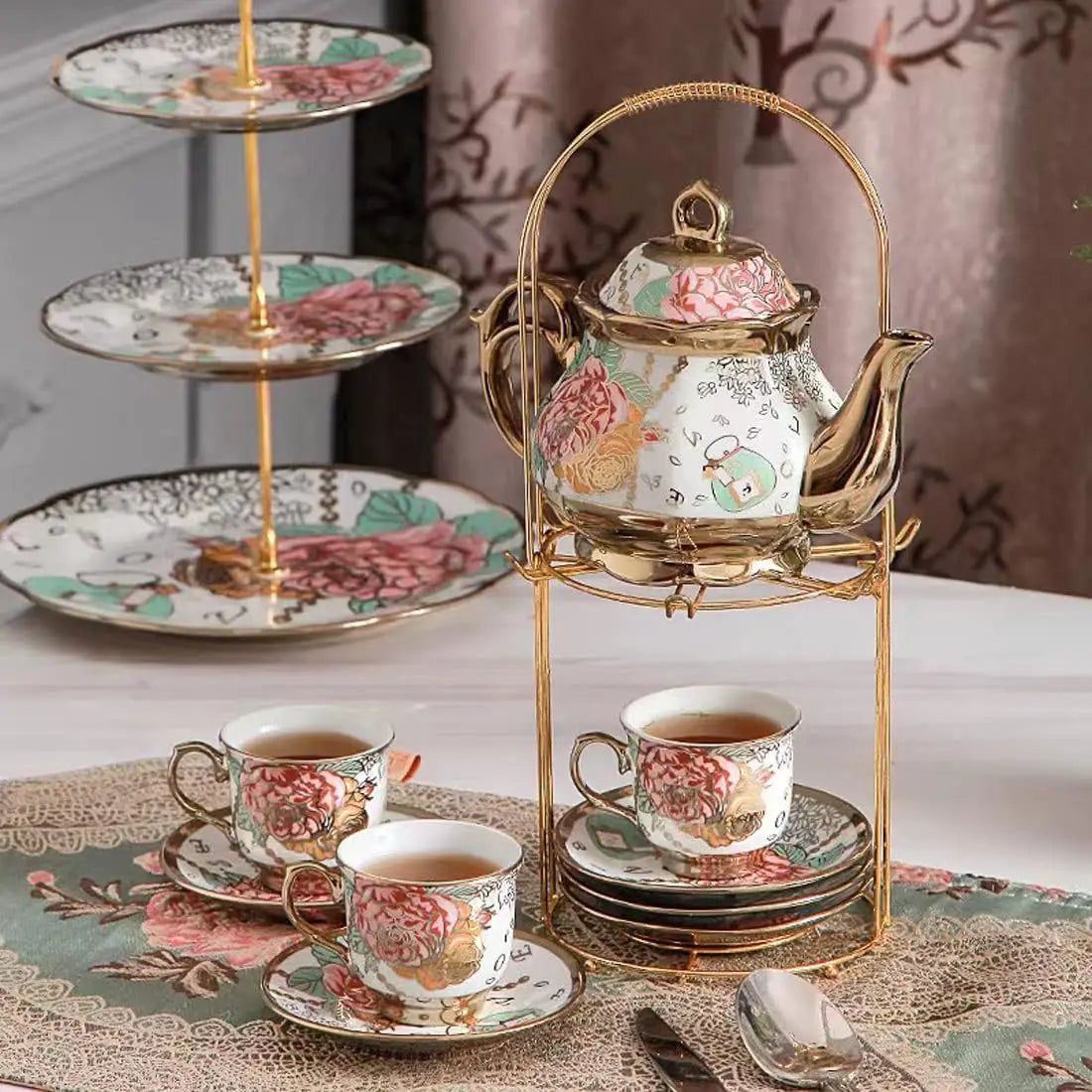 Gold Rose Ceramic Tea Set (6 Cups)