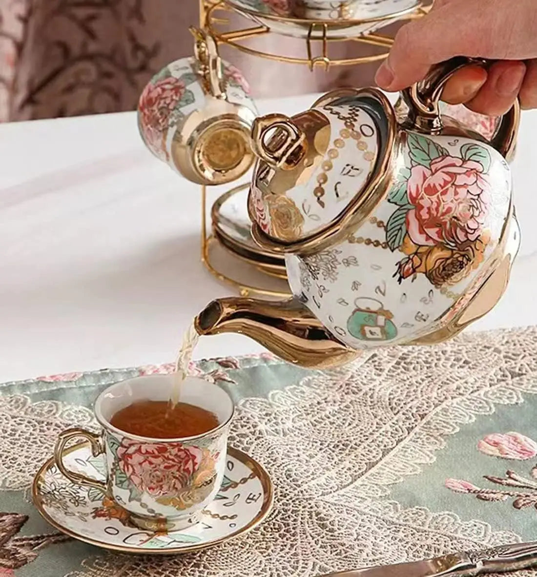 Gold Rose Ceramic Tea Set (6 Cups)
