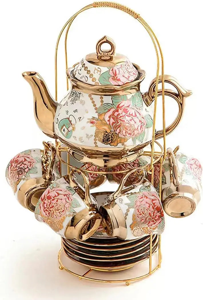 Gold Rose Ceramic Tea Set (6 Cups)