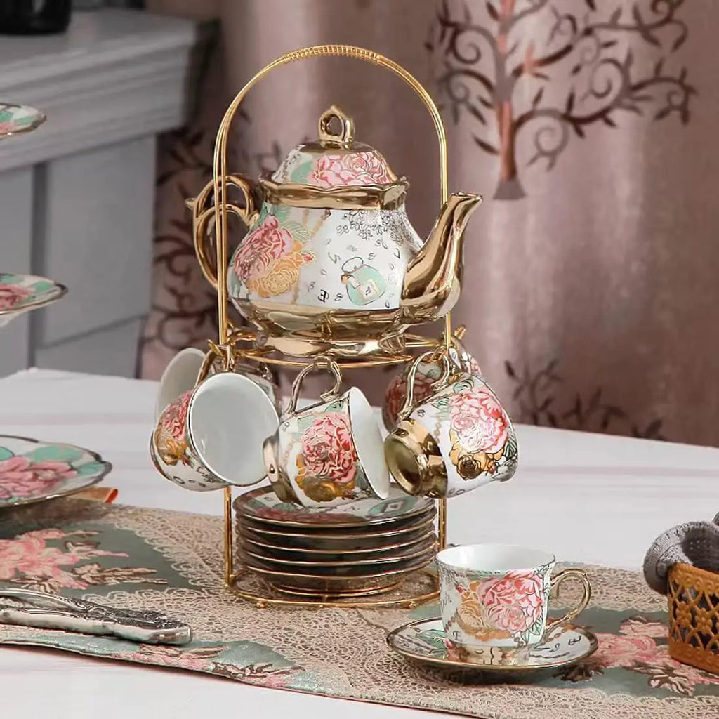 Gold Rose Ceramic Tea Set (6 Cups)