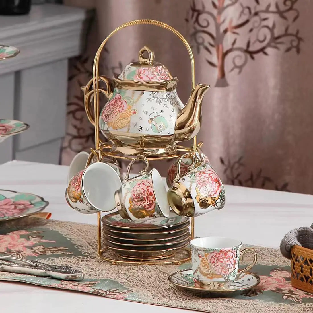 Gold Rose Ceramic Tea Set (6 Cups)