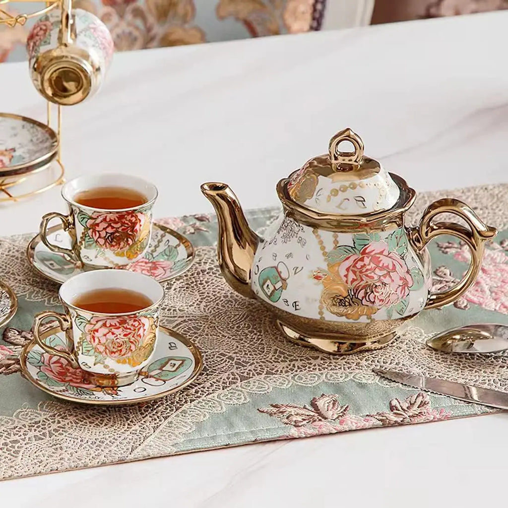 Gold Rose Ceramic Tea Set (6 Cups)
