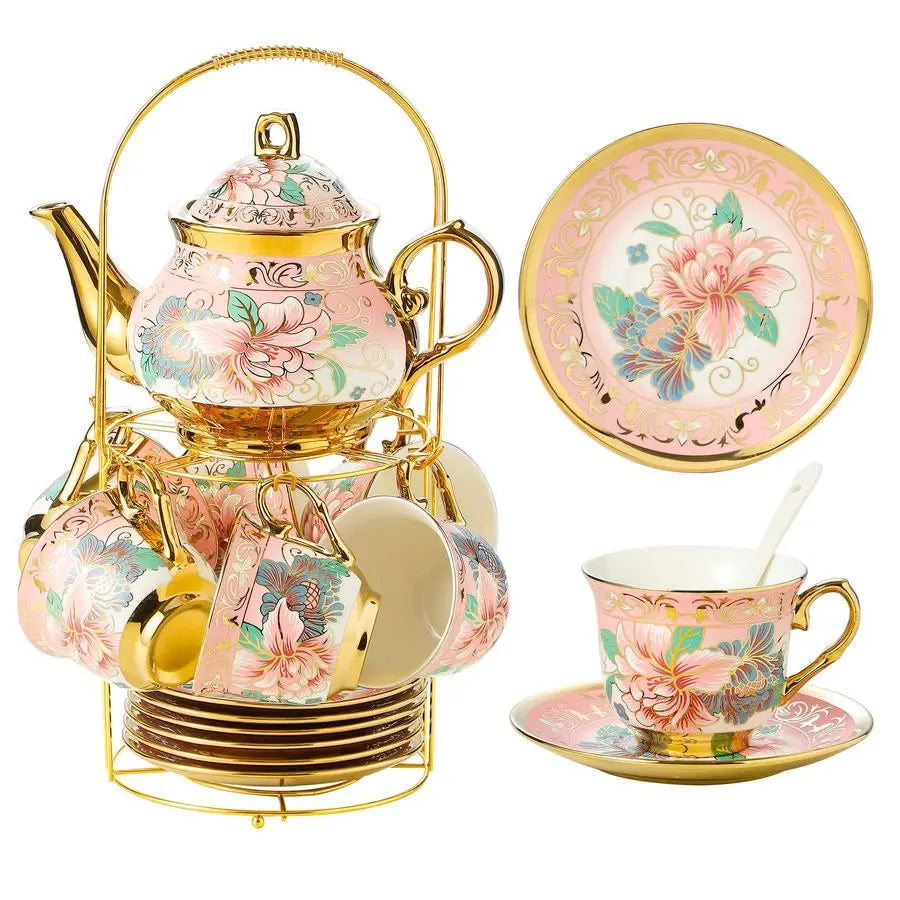 Porcelain Tea Set with Metal Holder