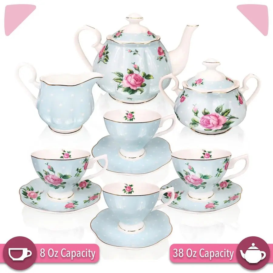 Pastel Blue Floral Tea Set (13pcs)