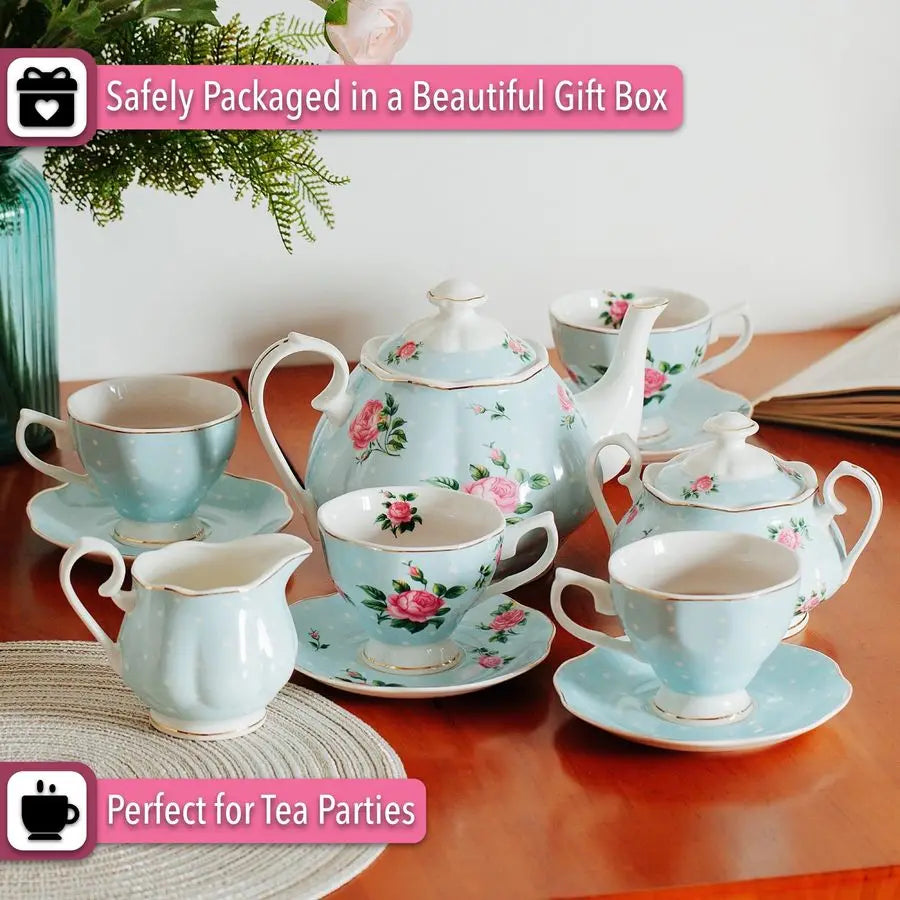 Pastel Blue Floral Tea Set (13pcs)