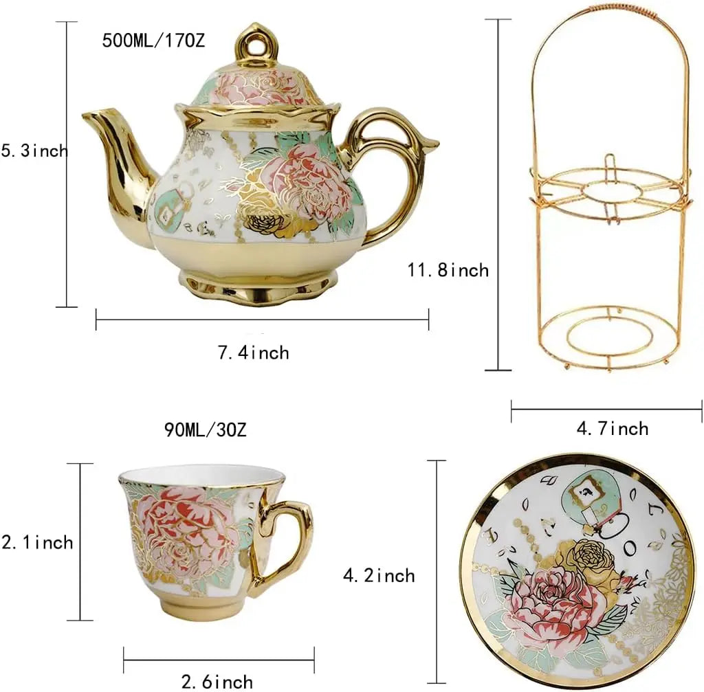 Gold Rose Ceramic Tea Set (6 Cups)