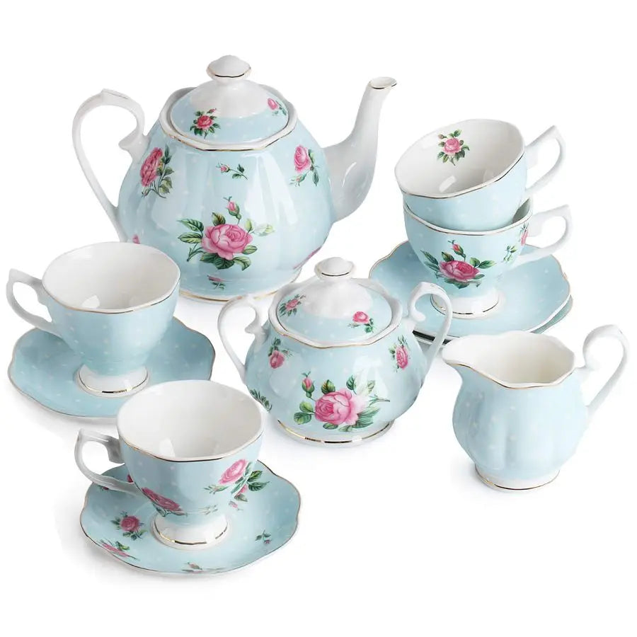 Pastel Blue Floral Tea Set (13pcs)