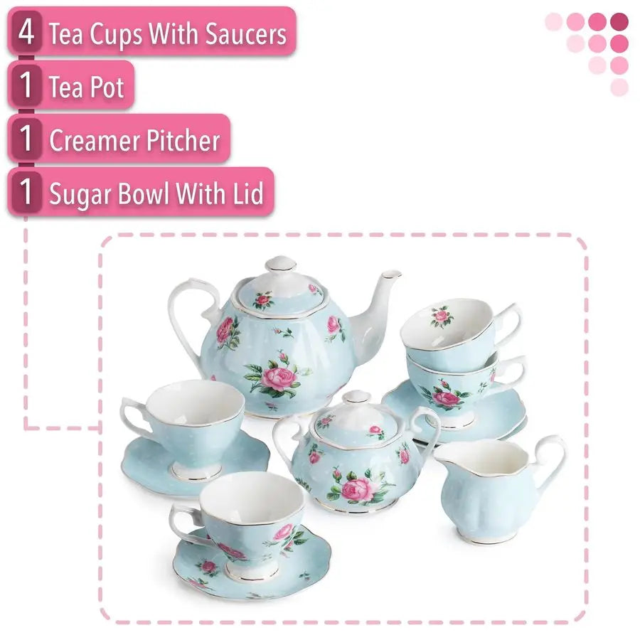 Pastel Blue Floral Tea Set (13pcs)